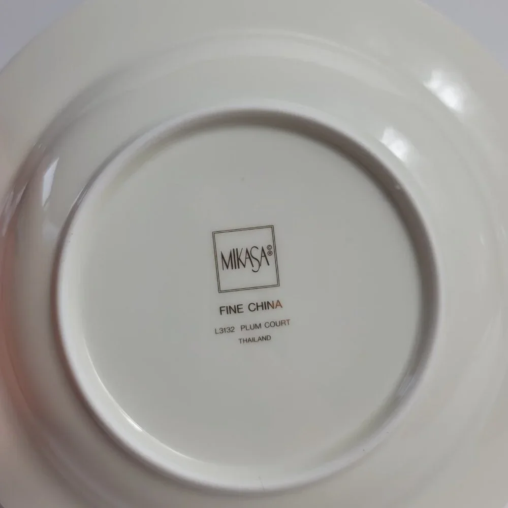 TWO Mikasa Plum L3132 Court Rim Soup Bowls White with Purple Plums Green Leaves